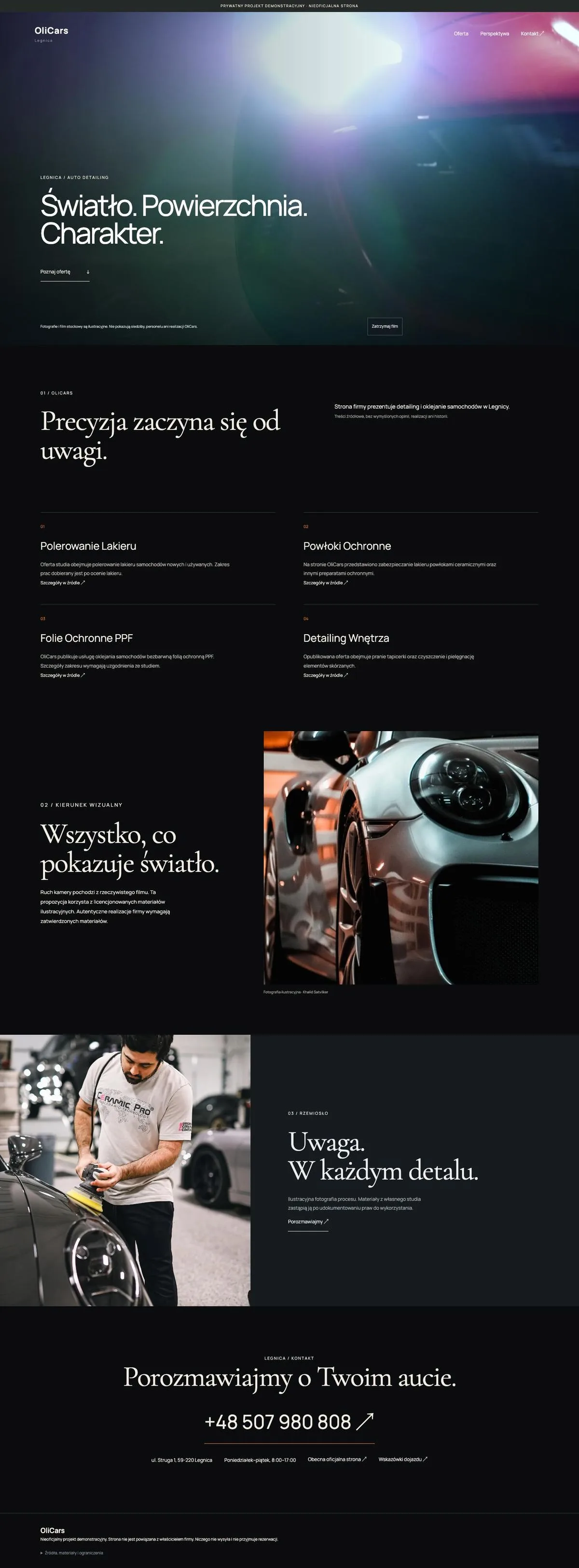 OliCars — rzeczywisty ekran niezależnego konceptu strony